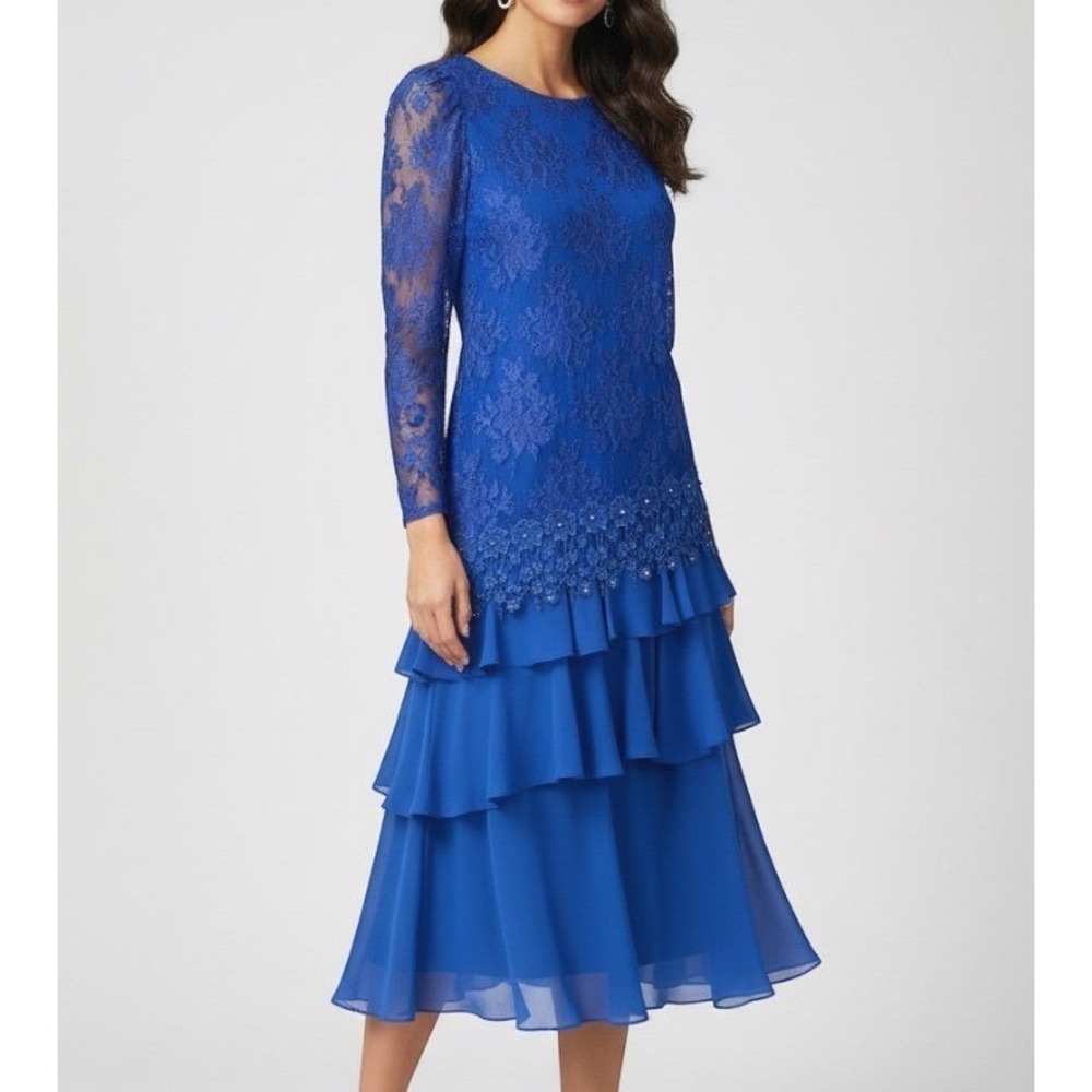 Vtg Sylvia Ann Lace/Rhinestones Tiered RUFFLE COCKTAIL PARTY Dress Drop Waist 12